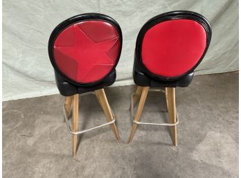 Pair Of (2) Vintage 1960s 70s RED Vinyl Star Backed Bar Stool Gasser Chair Co. (#0030)