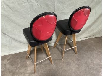 Pair Of (2) Vintage 1960s 70s RED Vinyl Star Backed Bar Stool Gasser Chair Co. (#0029)