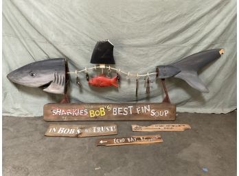 Lot Of Four (4) Wood Signs Mechanical Shark 'Bobs  Best Fin Soup' (#0105)