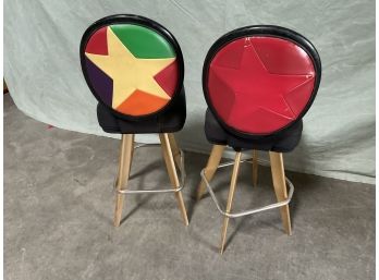 Pair Of (2) Vintage 1960s 70s Red/ Rainbow Vinyl Star Backed Bar Stool Gasser Chair Co. (#0031)