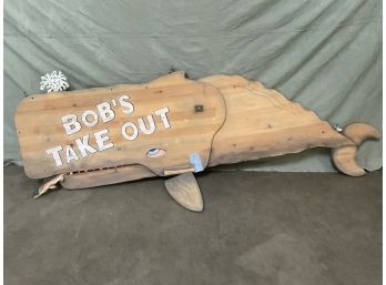 Large Wooden Sign 'Bobs Take Out' Whale With Opening Mouth (#0093)