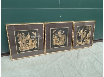 Set Of (3) Bamboo Framed Thai Art Prints (#063)