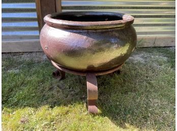 Shorter Ceramic Garden Planter Pot With Wrought Iron Stand 15' Tall