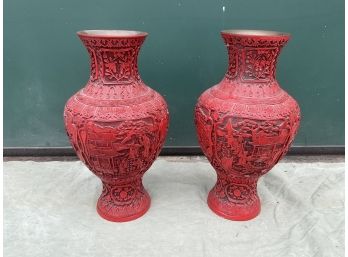 Pair Of  LARGE Floor Standing Chinese Cinnabar Carved Vases 19' Tall ( #028)