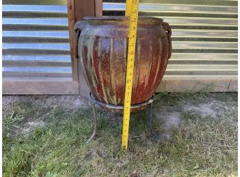 Rustic Red Brown Planter Pot With Wrought Iron Urn Side Loops
