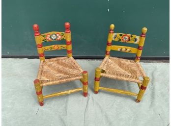 Pair Of Hand Painted Floral Yellow / Cane Seat Mexican Children's Chairs