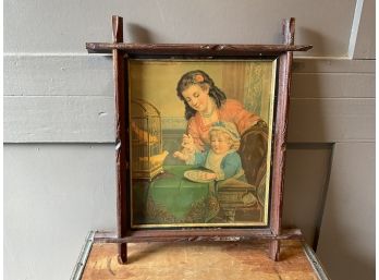 Antique Rustic Framed Mother / Child/Birdcage  Print (#056)