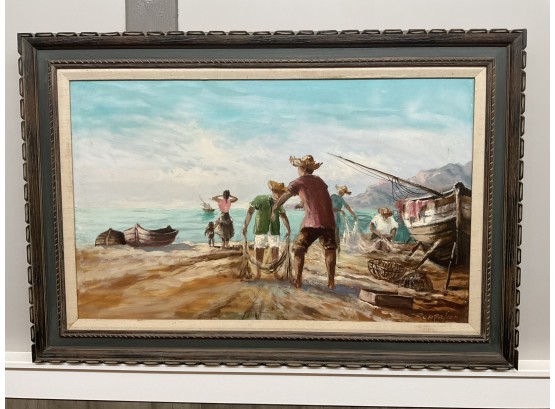 Signed Framed Painting, People On Beach With Wooden Boats (#127)