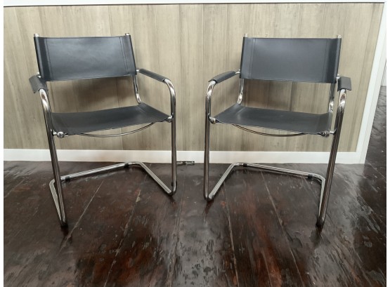 Mid Century Set Of Two Chairs Leather / Chrome Made In Italy