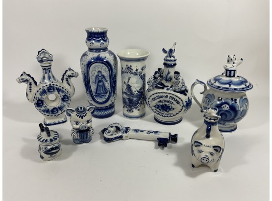 Decorative Gzhel Porcelain Pottery, Handmade In Russia, Set Of Nine  (#73)