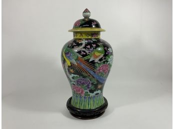 Chinese Porcelain Vase With Lid On Removable Carved Wood Base, Bird And Flower Design On Black Background(#77)