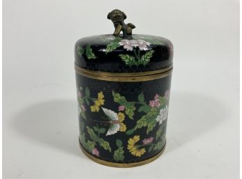 Chinese Cloisonne Container With Butterfly And Flower Design On Black Background With Removable Lid (#80)