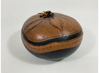 Signed Decorative Hand Carved Gourd Bowl With Lid And Tassels (#81)