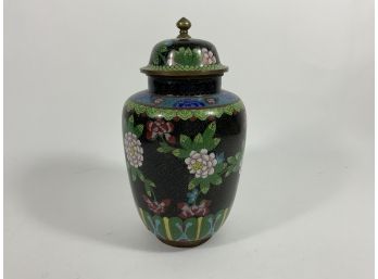 Chinese Cloisonne Vase With Flower Design On Black Background With Removable Lid (#79)