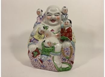 Chinese Porcelain Famille Rose Hotei, Laughing Hotei With Five Children (#68)