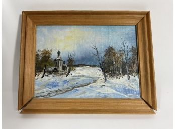 Framed Russian Oil Painting Of Snowy Landscape And Building On Board (#34)