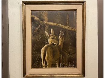 Signed Wilma V. Framed Painting Of Two Deer (#108)
