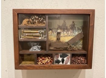 Wooden Shadow Box With Display Shelves, Arrow Heads, Bullets, Dried Flowers, Beans, Corn, Stirrups (#90)