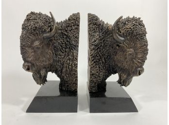 1992 Boyer Signed Buffalo Head Book Ends, Hoof Imprint On Back Side, Set Of Two (#86)