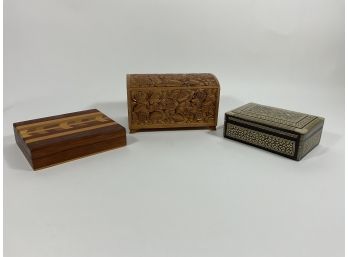 Ornate Vintage Boxes, Set Of Three: Carved Wood, Inlaid Wood, Inlaid Wood With Mother Of Pearl (#48)