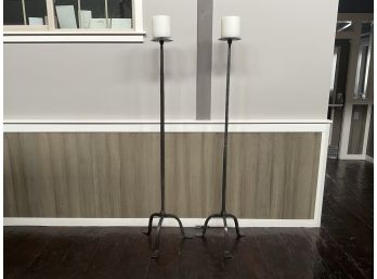 Set Of Two Tall Floor Standing Hand Made Wrought Iron Candle Holders