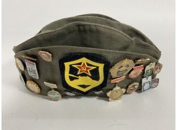 Vintage Soviet Pilotka Hat With Pins And Tank Operator Patch (#58)