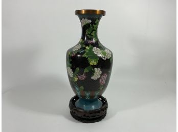 Chinese Cloisonne Vase With Flower Design On Black Background, On A Removable Carved Wood Base (#78)