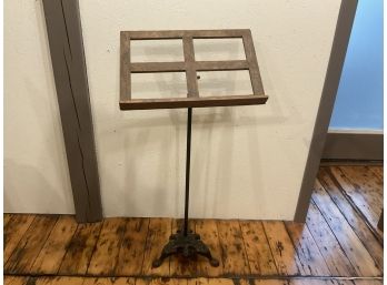Antique Adjustable Wood Music Stand On A Decorative Iron Tripod Base
