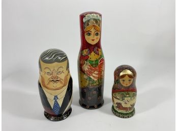 Russian Matryoshka (Stacking) Dolls, Set Of Three, Russian Political Leaders & Winter Scenes (#64)