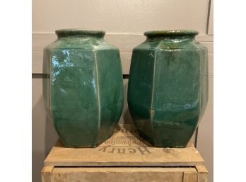Pair Of Antique  Chinese Green Glazed Pots  (No Shipping)