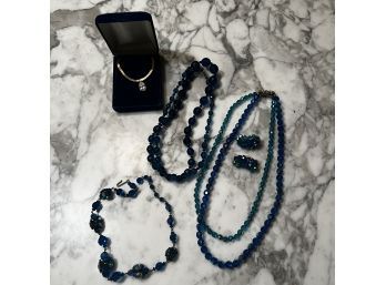 Lot Of Costume Turquoise Blue Crystal/ Glass Jewelry/3  Necklaces  1 Earring (Shipping)
