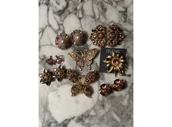 Lot Of Pink Rhinestone And Gold Toned Costume Jewelry Butterfly Brooch Pin/ Clip Earrings (shipping)