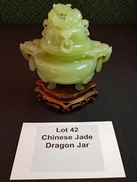 Chinese Light Green Jade Sculpted Dragon Incense Jar