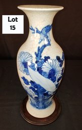 Vintage Chinese Blue And White Porcelain Vase With Stand