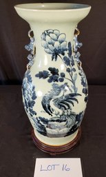 Large Vintage Chinese Blue And White Pottery Decorative Vase With Stand