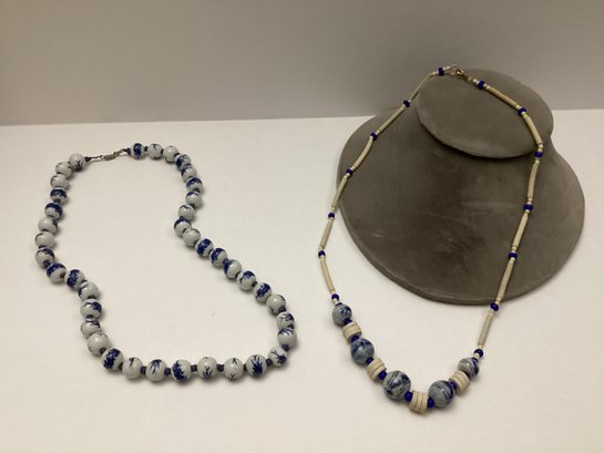 Two Blue & White Beaded Necklaces