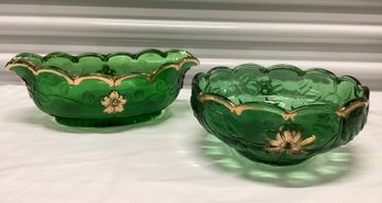 Antique EAPG US Glass Paneled Dogwood Gilded Emerald Bowls