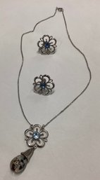 Marked Sterling With Opal Pieces Necklace With Clip Earrings