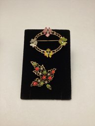 Two Vintage Enamel Flower Brooches With Rhinestone & Faux Pearl Accents