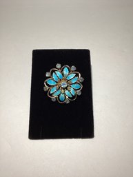 Enamel & Blue Rhinestone Flower Brooch