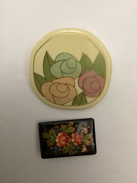 Pair Of Painted Floral Brooches