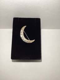 Signed Kramer Of New York Rhinestone Crescent Moon Brooch