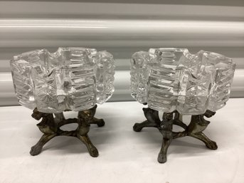 Pair Of Hollywood Regency Lion Footed Crystal Ashtrays