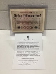 1923 German Hyperinflation Bank Note With Coa