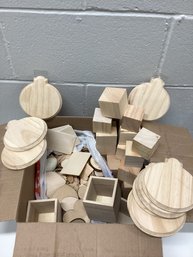 Box Full Of Various Wood Blocks & Shapes For Crafting