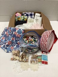 Box Full Of Lace, Fabric, Flowers, Wooden Buttons & More