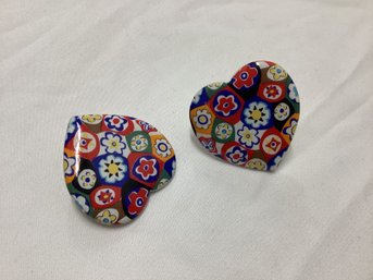 Large Vintage Psychedelic Flowers Heart Clip Earrings
