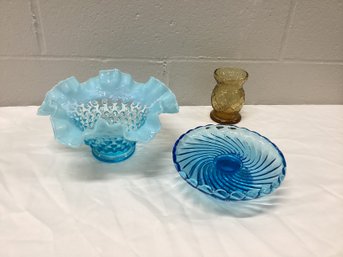 Vintage Blue Ruffled Hobnail & Other Vintage Glass