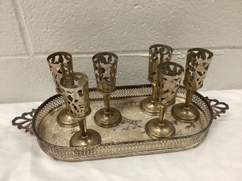 Stemmed Cordial Shot Glass Holders & Silver Tray