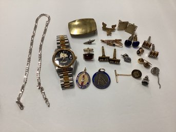 Mens Jewelry Incl. Freemason, Cufflinks, Marked 925 Chain